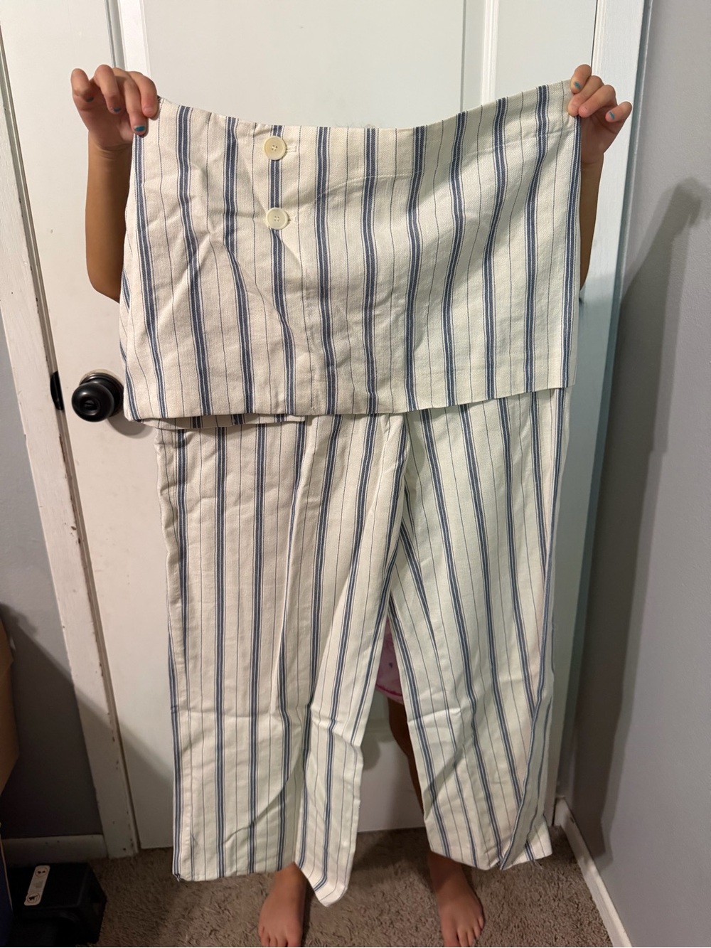 Zara Cream Wide-Leg Striped Pants with Blue Pinstripes